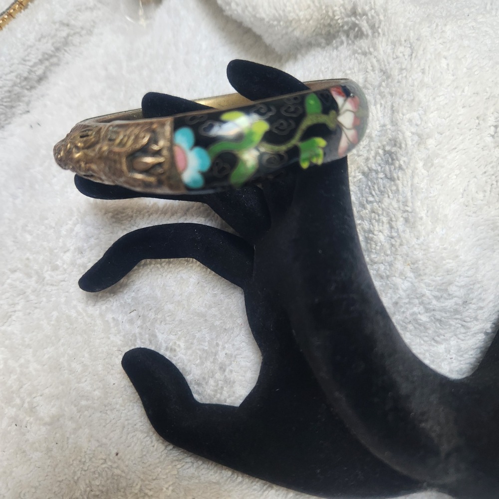 Vintage Cloisonne Enamel‎ Dragon Bangle Bracelet Black Floral Brass Tone